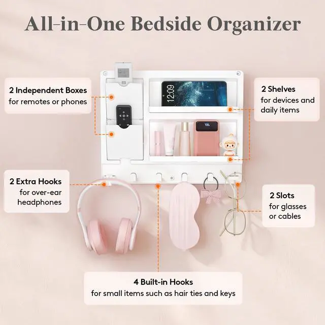 Alt view image 7 of 7 - Plastic Adhesive Bedside Shelf, Floating Pegboard Shelves, Key Remote Control Holder, Wall Organizer for Glasses, Phone, Earbuds, Bedroom Decor, Dorm Room Essentials, White