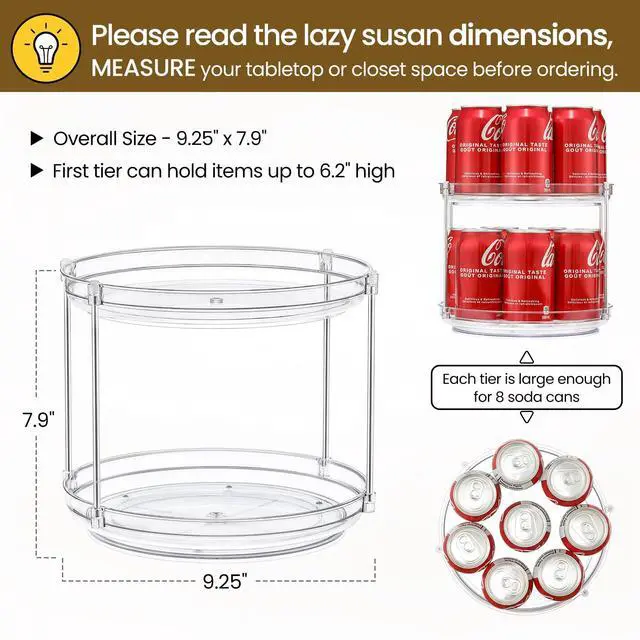 Alt view image 2 of 7 - 2 Tier Non-Skid Acrylic Lazy Susan Turntable Organizer - Rotating Spice Rack - Spinning Organization Tray for Kitchen, Pantry, Countertop, Closet, Bathroom, Vanity, Medicine Cabinet Organizing, 9.25''