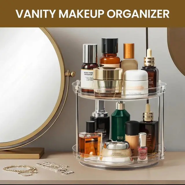 Alt view image 5 of 7 - 2 Tier Non-Skid Acrylic Lazy Susan Turntable Organizer - Rotating Spice Rack - Spinning Organization Tray for Kitchen, Pantry, Countertop, Closet, Bathroom, Vanity, Medicine Cabinet Organizing, 9.25''