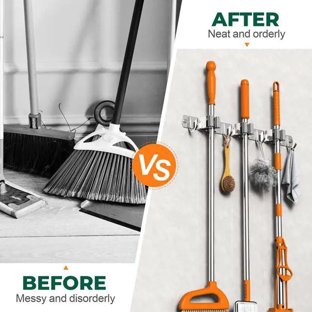 Alt view image 2 of 7 - Mop and Broom Holder Wall Mount, Upgraded Broom Organizer Wall Mount, Stainless Steel Broom Hanger Wall Mount for Home Kitchen Garden Laundry Garage (3 Racks with 4 Hooks)