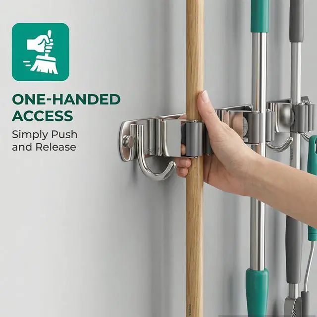 Alt view image 3 of 7 - Mop and Broom Holder Wall Mount, Upgraded Broom Organizer Wall Mount, Stainless Steel Broom Hanger Wall Mount for Home Kitchen Garden Laundry Garage (3 Racks with 4 Hooks)