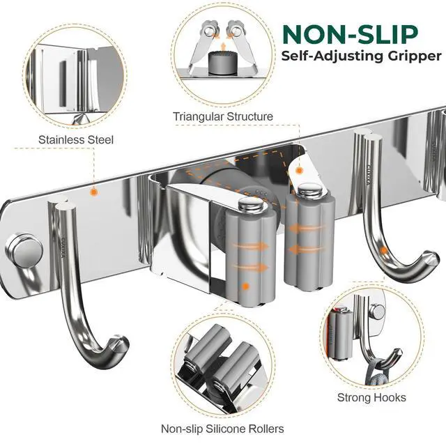 Alt view image 4 of 7 - Mop and Broom Holder Wall Mount, Upgraded Broom Organizer Wall Mount, Stainless Steel Broom Hanger Wall Mount for Home Kitchen Garden Laundry Garage (3 Racks with 4 Hooks)