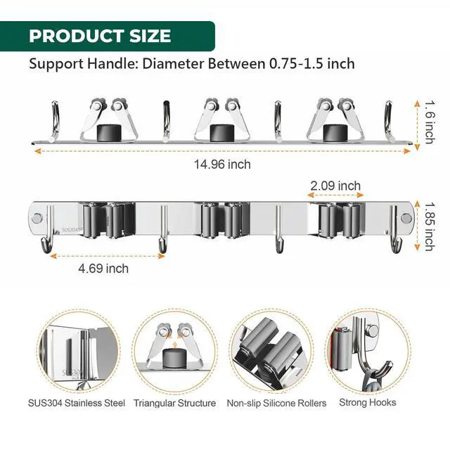 Alt view image 6 of 7 - Mop and Broom Holder Wall Mount, Upgraded Broom Organizer Wall Mount, Stainless Steel Broom Hanger Wall Mount for Home Kitchen Garden Laundry Garage (3 Racks with 4 Hooks)