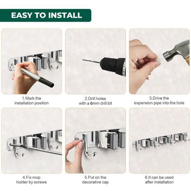 Alt view image 7 of 7 - Mop and Broom Holder Wall Mount, Upgraded Broom Organizer Wall Mount, Stainless Steel Broom Hanger Wall Mount for Home Kitchen Garden Laundry Garage (3 Racks with 4 Hooks)