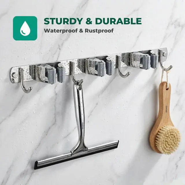 Alt view image 5 of 7 - Mop and Broom Holder Wall Mount, Upgraded Broom Organizer Wall Mount, Stainless Steel Broom Hanger Wall Mount for Home Kitchen Garden Laundry Garage (3 Racks with 4 Hooks)