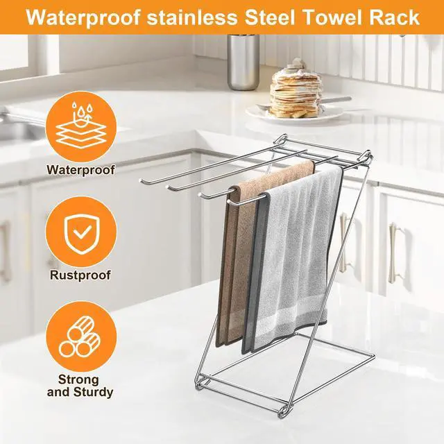 Alt view image 2 of 6 - Kitchen Towel Holder Stand, 4-Arm Dish Towel Holder Countertop Towel Drying Rack for Bathroom, Free Standing Hand Towel Stand Washcloth Dish Cloth Drying Rack, Z-Shaped Folding Hanging Towel Bar Stand