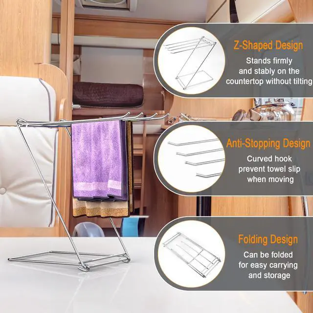 Alt view image 4 of 6 - Kitchen Towel Holder Stand, 4-Arm Dish Towel Holder Countertop Towel Drying Rack for Bathroom, Free Standing Hand Towel Stand Washcloth Dish Cloth Drying Rack, Z-Shaped Folding Hanging Towel Bar Stand