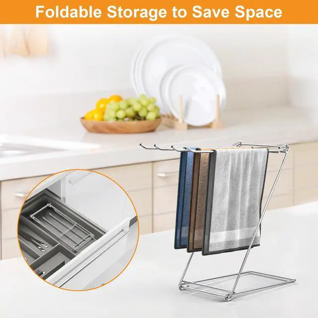 Alt view image 5 of 6 - Kitchen Towel Holder Stand, 4-Arm Dish Towel Holder Countertop Towel Drying Rack for Bathroom, Free Standing Hand Towel Stand Washcloth Dish Cloth Drying Rack, Z-Shaped Folding Hanging Towel Bar Stand