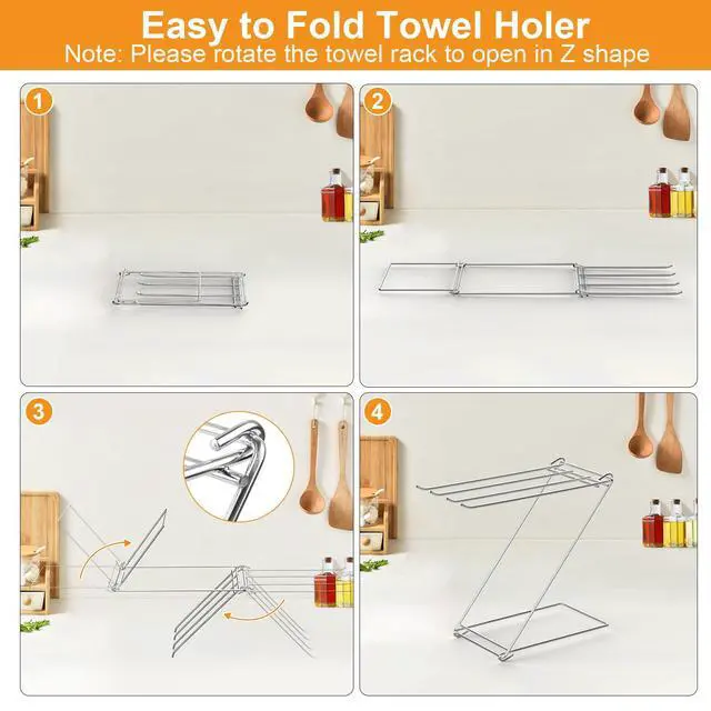 Alt view image 6 of 6 - Kitchen Towel Holder Stand, 4-Arm Dish Towel Holder Countertop Towel Drying Rack for Bathroom, Free Standing Hand Towel Stand Washcloth Dish Cloth Drying Rack, Z-Shaped Folding Hanging Towel Bar Stand