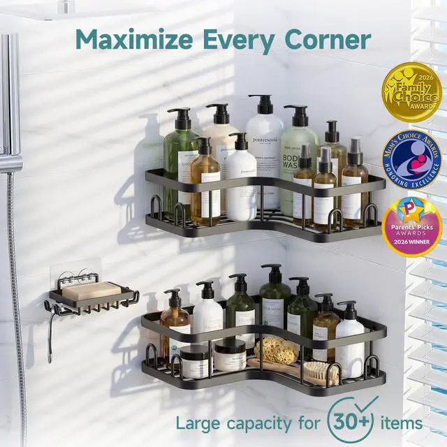Alt view image 2 of 7 - Corner Adhesive Shower Caddy 3-Pack with Soap Holder&Hooks,No Drilling Shower Shelves,Rustproof & Waterproof Bathroom Organizers and Storage,Rack for Small Spaces, Kitchen&Rental-Friendly,Black