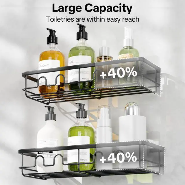 Alt view image 2 of 7 - Adhesive Shower Caddy, Large Capacity Shower Racks for Inside Shower, No Drill Bathroom Shower Organizer and Storage, 2 Pack Black Bathroom Shelves, Home Decor Rv Accessories, Apartment