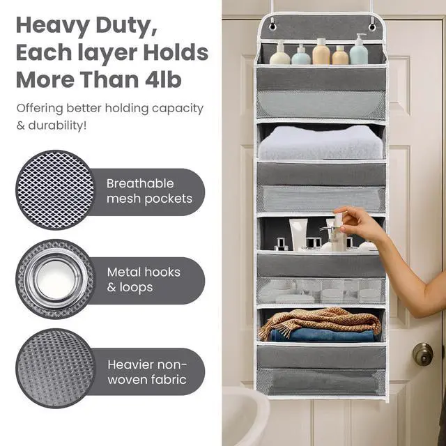 Alt view image 3 of 7 - Over The Door Organizer with LifetimeWarranty, 4 Shelves & 4 Side Pockets, Large Storage Rack Holds 44lb, Heavy-Duty Reinforced Mesh Shelf for Bathroom, Closet, Toy Organization, Shoes, Towels, Grey