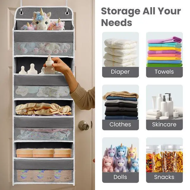 Alt view image 6 of 7 - Over The Door Organizer with LifetimeWarranty, 4 Shelves & 4 Side Pockets, Large Storage Rack Holds 44lb, Heavy-Duty Reinforced Mesh Shelf for Bathroom, Closet, Toy Organization, Shoes, Towels, Grey