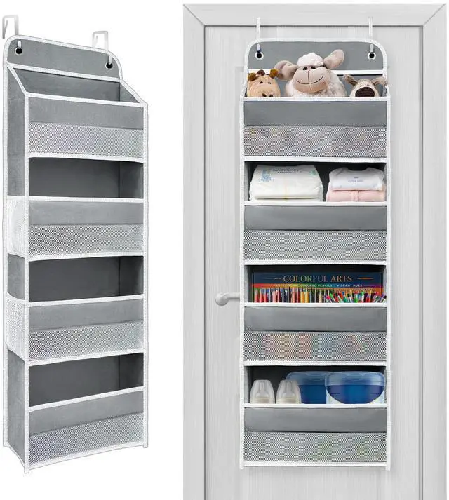Main image of Over The Door Organizer with LifetimeWarranty, 4 Shelves & 4 Side Pockets, Large Storage Rack Holds 44lb, Heavy-Duty Reinforced Mesh Shelf for Bathroom, Closet, Toy Organization, Shoes, Towels, Grey