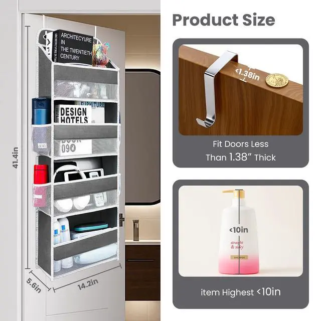 Alt view image 2 of 7 - Over The Door Organizer with LifetimeWarranty, 4 Shelves & 4 Side Pockets, Large Storage Rack Holds 44lb, Heavy-Duty Reinforced Mesh Shelf for Bathroom, Closet, Toy Organization, Shoes, Towels, Grey