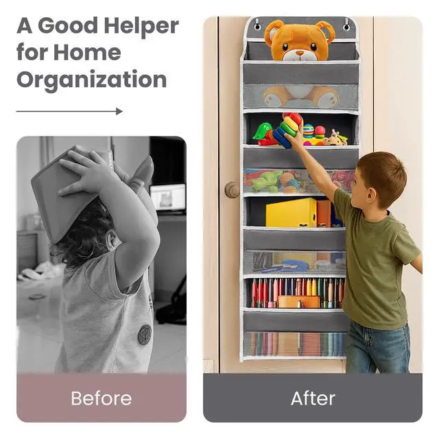 Alt view image 4 of 7 - Over The Door Organizer with LifetimeWarranty, 4 Shelves & 4 Side Pockets, Large Storage Rack Holds 44lb, Heavy-Duty Reinforced Mesh Shelf for Bathroom, Closet, Toy Organization, Shoes, Towels, Grey