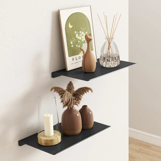 Alt view image 3 of 7 - 8" Small Floating Shelves for Wall, Metal Wall Mounted Shelf for Bathroom, Bedroom, Living Room, Kitchen, Little Mini Tiny Display Hanging Shelves for Books/Storage/Room Decor 2 Packs, Black