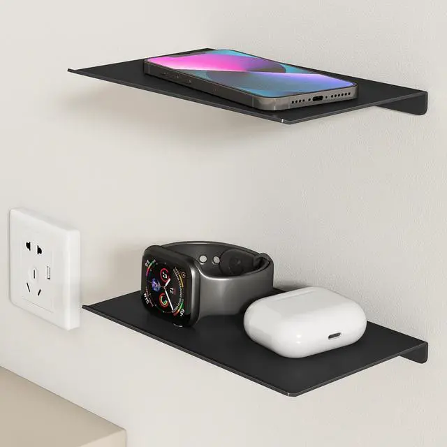 Alt view image 7 of 7 - 8" Small Floating Shelves for Wall, Metal Wall Mounted Shelf for Bathroom, Bedroom, Living Room, Kitchen, Little Mini Tiny Display Hanging Shelves for Books/Storage/Room Decor 2 Packs, Black