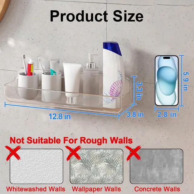 Alt view image 2 of 7 - Acrylic Wall Mounted Shower Caddy, Large, Adhesive Bathroom Shelves
