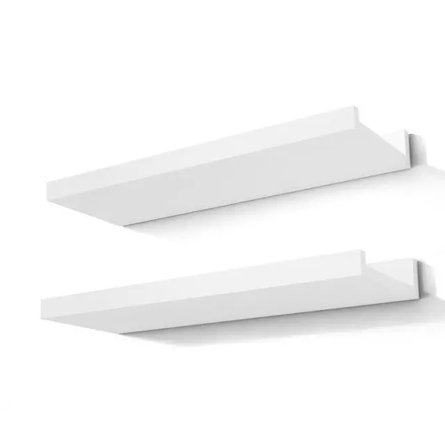 Main image of White Floating Shelves for Wall Decor, Wall Mounted Wood Storage Shelf for Bedroom, Living Room, Bathroom, Kitchen, Nursery, Display Picture Ledge Shelf with Lip Set of 2-14 Inches, White