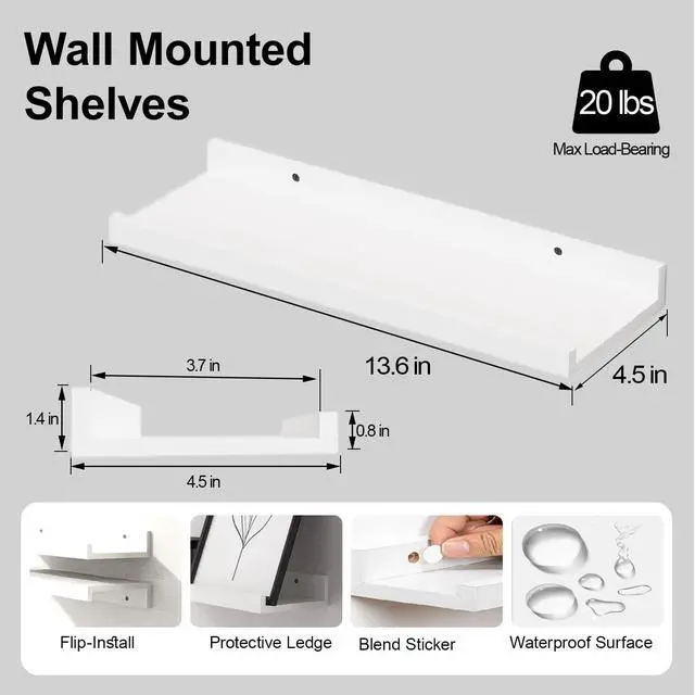 Alt view image 3 of 7 - White Floating Shelves for Wall Decor, Wall Mounted Wood Storage Shelf for Bedroom, Living Room, Bathroom, Kitchen, Nursery, Display Picture Ledge Shelf with Lip Set of 2-14 Inches, White