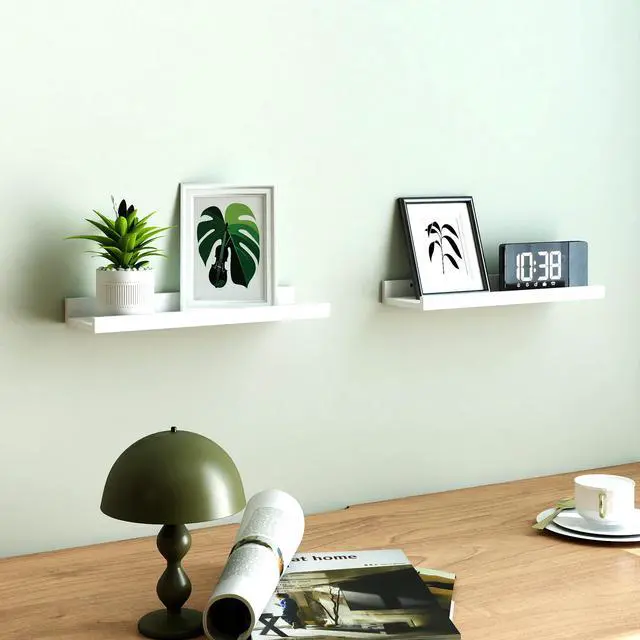 Alt view image 2 of 7 - White Floating Shelves for Wall Decor, Wall Mounted Wood Storage Shelf for Bedroom, Living Room, Bathroom, Kitchen, Nursery, Display Picture Ledge Shelf with Lip Set of 2-14 Inches, White