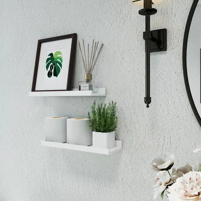 Alt view image 4 of 7 - White Floating Shelves for Wall Decor, Wall Mounted Wood Storage Shelf for Bedroom, Living Room, Bathroom, Kitchen, Nursery, Display Picture Ledge Shelf with Lip Set of 2-14 Inches, White