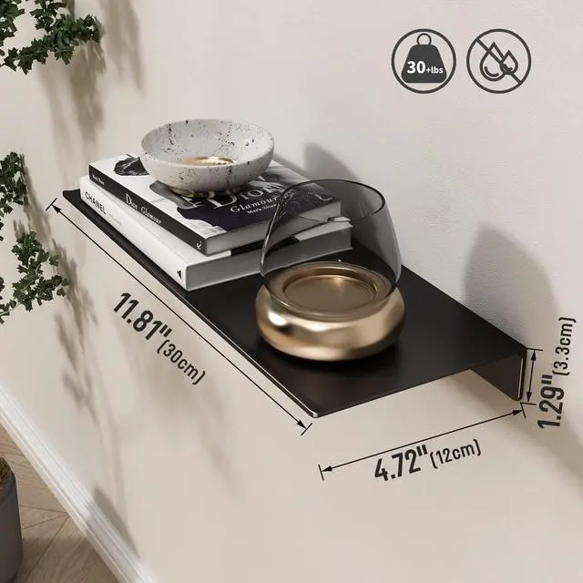 Alt view image 2 of 7 - 12 inch Metal Wall Shelf, Black Floating Shelf, Small Bathroom Shelf, Display Shelves for Wall Storage