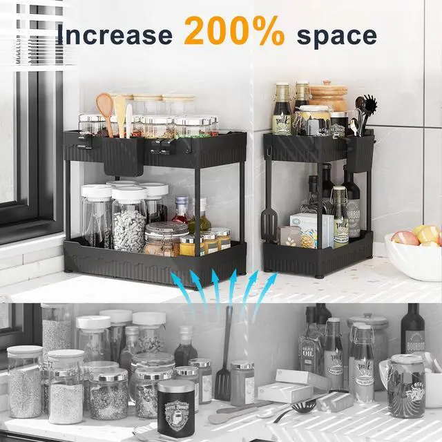Alt view image 2 of 7 - 2 Pack Under Sink Organizer, Under Bathroom Cabinet Organizer with Hooks Hanging Cup, Multi-Purpose Storage Shelf for Kitchen Bathroom, Black