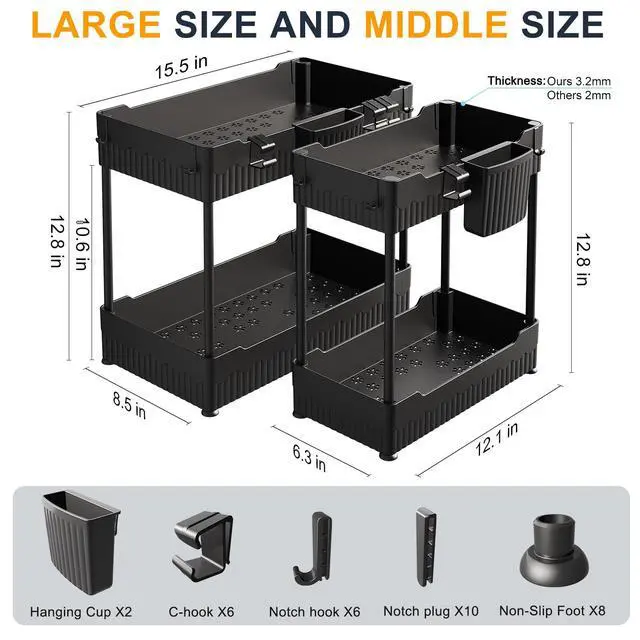 Alt view image 4 of 7 - 2 Pack Under Sink Organizer, Under Bathroom Cabinet Organizer with Hooks Hanging Cup, Multi-Purpose Storage Shelf for Kitchen Bathroom, Black