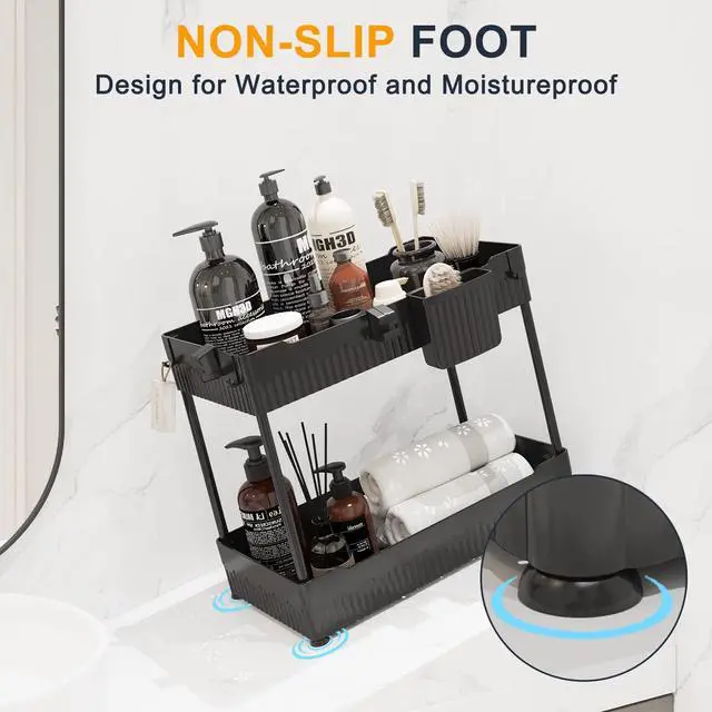 Alt view image 6 of 7 - 2 Pack Under Sink Organizer, Under Bathroom Cabinet Organizer with Hooks Hanging Cup, Multi-Purpose Storage Shelf for Kitchen Bathroom, Black
