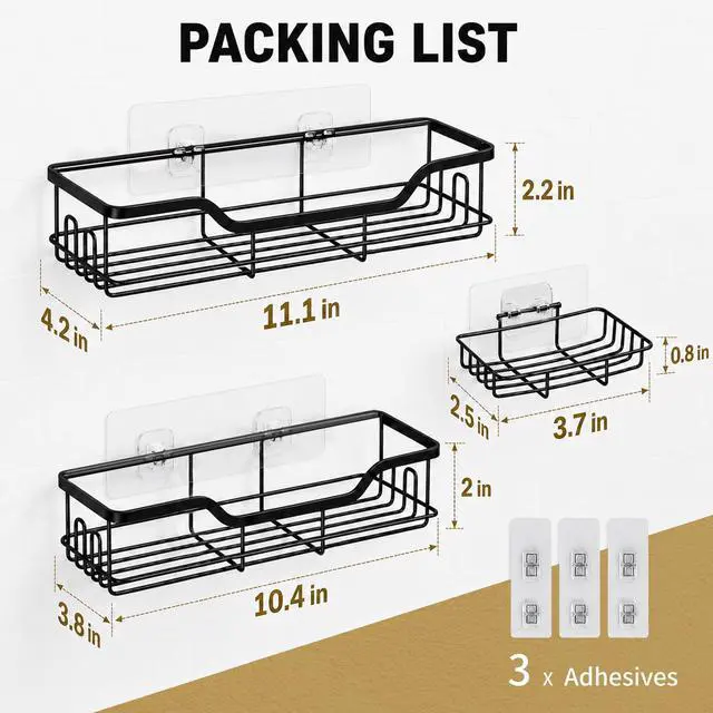 Alt view image 2 of 6 - 3-Pack Shower Caddy with Soap Holder, Adhesive Rustproof No-drill Strudy Loading Inside Shower Organizer Shelves Rack Storage Bathroom Organization for Smooth Wall Glass Tile, Black (X-Large)