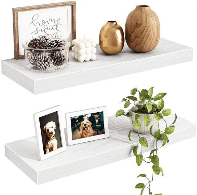 Main image of Floating Shelves for Wall, 15.7" Wood Wall Mounted Shelves for Living Room, Bedroom, Bathroom and Kitchen, for Storage, Books, Room Decor (White, Set of 2)