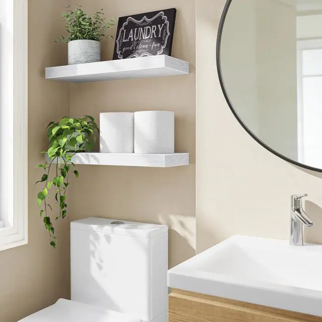 Alt view image 2 of 7 - Floating Shelves for Wall, 15.7" Wood Wall Mounted Shelves for Living Room, Bedroom, Bathroom and Kitchen, for Storage, Books, Room Decor (White, Set of 2)