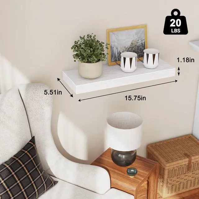 Alt view image 3 of 7 - Floating Shelves for Wall, 15.7" Wood Wall Mounted Shelves for Living Room, Bedroom, Bathroom and Kitchen, for Storage, Books, Room Decor (White, Set of 2)