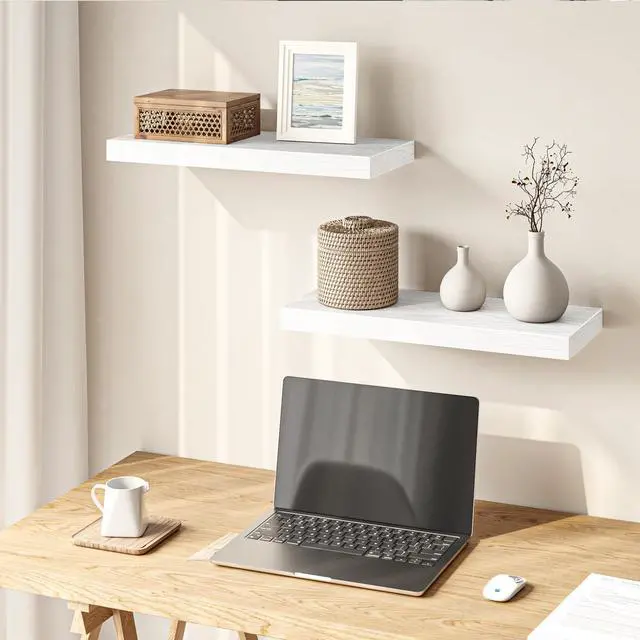 Alt view image 4 of 7 - Floating Shelves for Wall, 15.7" Wood Wall Mounted Shelves for Living Room, Bedroom, Bathroom and Kitchen, for Storage, Books, Room Decor (White, Set of 2)
