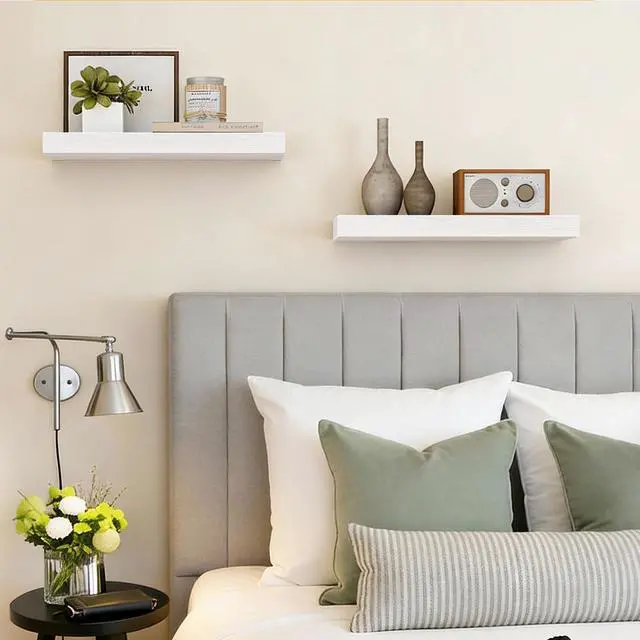 Alt view image 5 of 7 - Floating Shelves for Wall, 15.7" Wood Wall Mounted Shelves for Living Room, Bedroom, Bathroom and Kitchen, for Storage, Books, Room Decor (White, Set of 2)