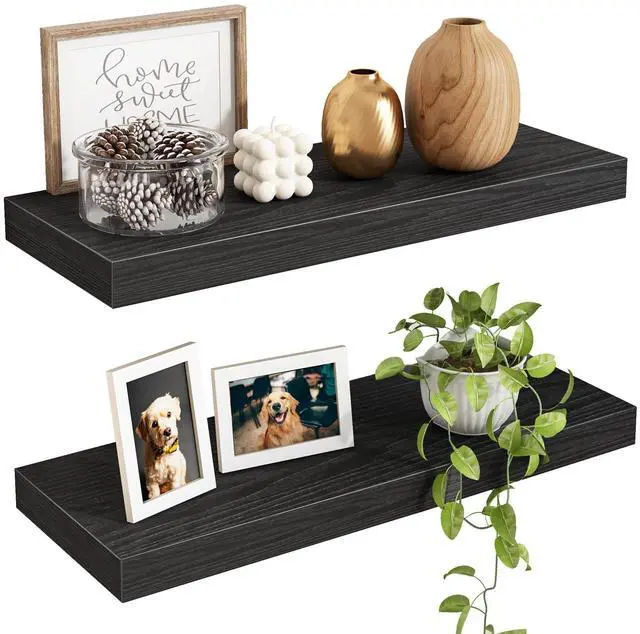 Main image of Floating Shelves for Wall, 15.7" Wood Wall Mounted Shelves for Living Room, Bedroom, Bathroom and Kitchen, for Storage, Books, Room Decor (Black, Set of 2)