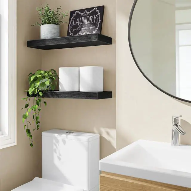 Alt view image 2 of 7 - Floating Shelves for Wall, 15.7" Wood Wall Mounted Shelves for Living Room, Bedroom, Bathroom and Kitchen, for Storage, Books, Room Decor (Black, Set of 2)