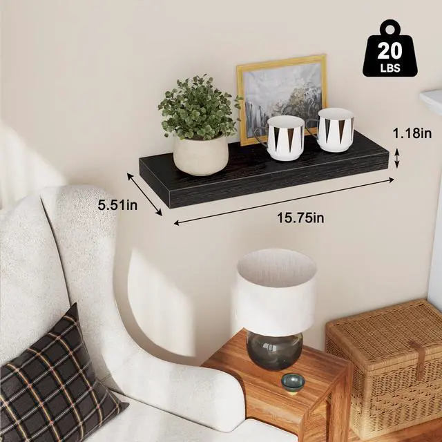 Alt view image 3 of 7 - Floating Shelves for Wall, 15.7" Wood Wall Mounted Shelves for Living Room, Bedroom, Bathroom and Kitchen, for Storage, Books, Room Decor (Black, Set of 2)