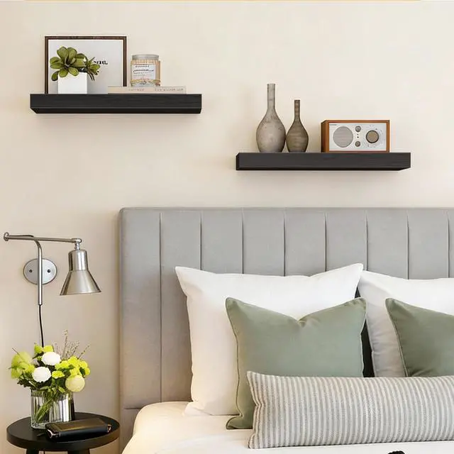 Alt view image 5 of 7 - Floating Shelves for Wall, 15.7" Wood Wall Mounted Shelves for Living Room, Bedroom, Bathroom and Kitchen, for Storage, Books, Room Decor (Black, Set of 2)
