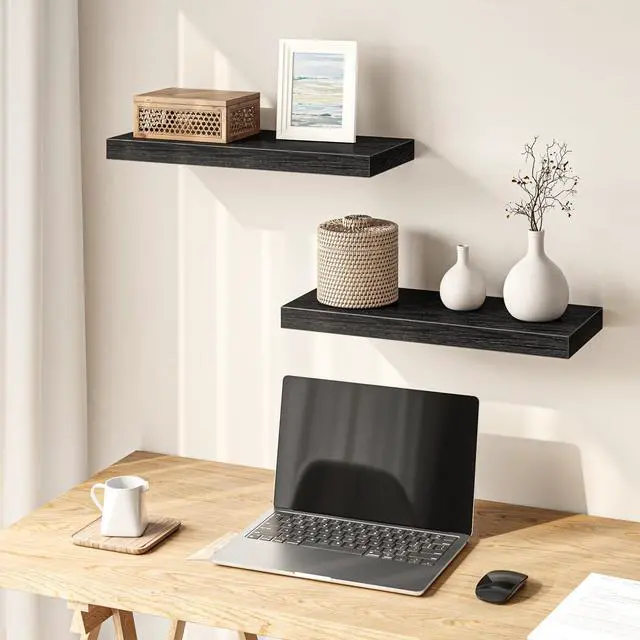 Alt view image 4 of 7 - Floating Shelves for Wall, 15.7" Wood Wall Mounted Shelves for Living Room, Bedroom, Bathroom and Kitchen, for Storage, Books, Room Decor (Black, Set of 2)