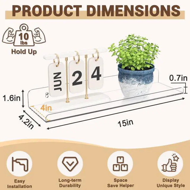 Alt view image 3 of 7 - Floating Shelves for Wall Decor, 15" Extra Clear Wall Shelves for Bedroom, Living Room, Kitchen, Bathroom Decor, Nail Polish/Book/Decoration/Makeup/Perfume Organizer Floating Shelf-3Pack
