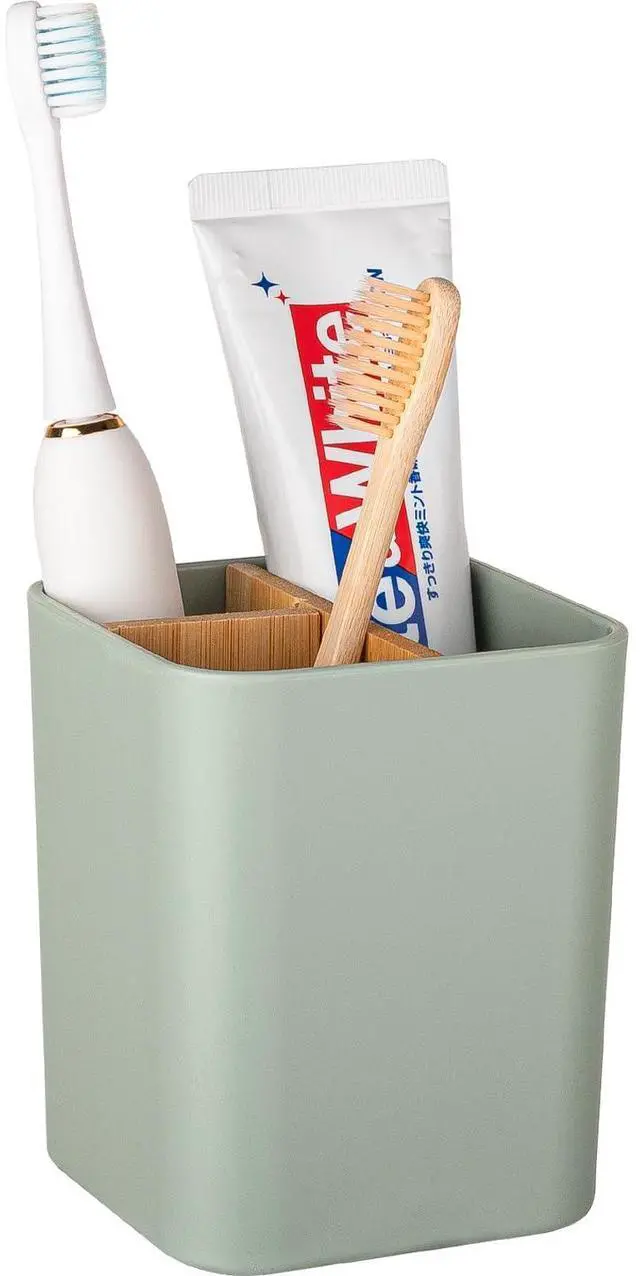 Main image of Bamboo Toothbrush Holder for Bathrooms, 3 Slots Kids Toothbrush and Toothpaste Holder Bathroom Countertop Organizer for Electric Toothbrushes, Floss, Razors - Green
