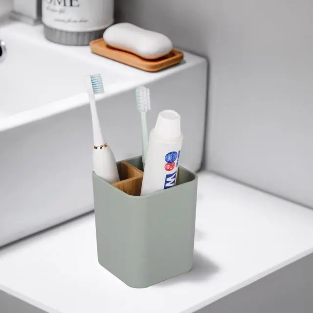 Alt view image 2 of 6 - Bamboo Toothbrush Holder for Bathrooms, 3 Slots Kids Toothbrush and Toothpaste Holder Bathroom Countertop Organizer for Electric Toothbrushes, Floss, Razors - Green