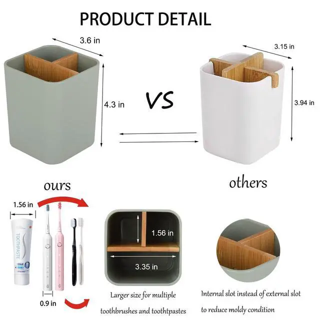 Alt view image 4 of 6 - Bamboo Toothbrush Holder for Bathrooms, 3 Slots Kids Toothbrush and Toothpaste Holder Bathroom Countertop Organizer for Electric Toothbrushes, Floss, Razors - Green