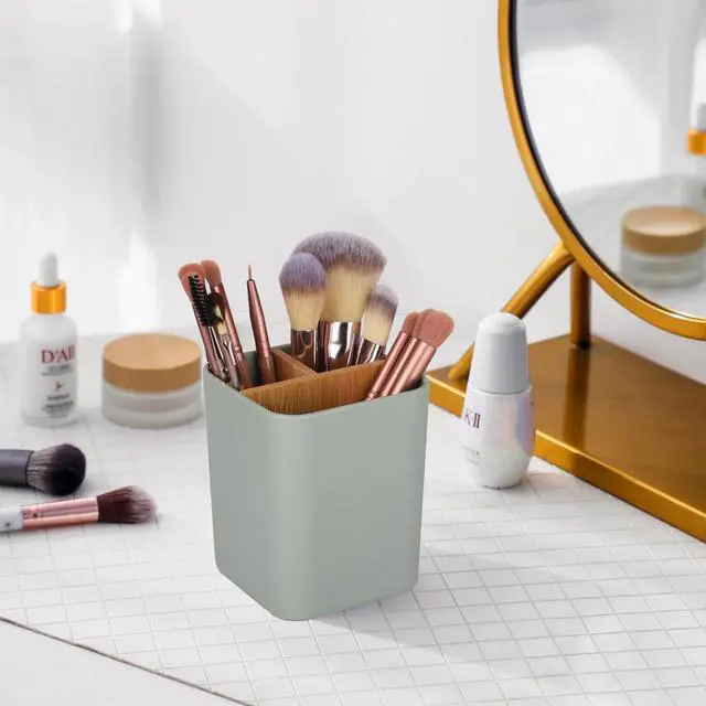 Alt view image 3 of 6 - Bamboo Toothbrush Holder for Bathrooms, 3 Slots Kids Toothbrush and Toothpaste Holder Bathroom Countertop Organizer for Electric Toothbrushes, Floss, Razors - Green