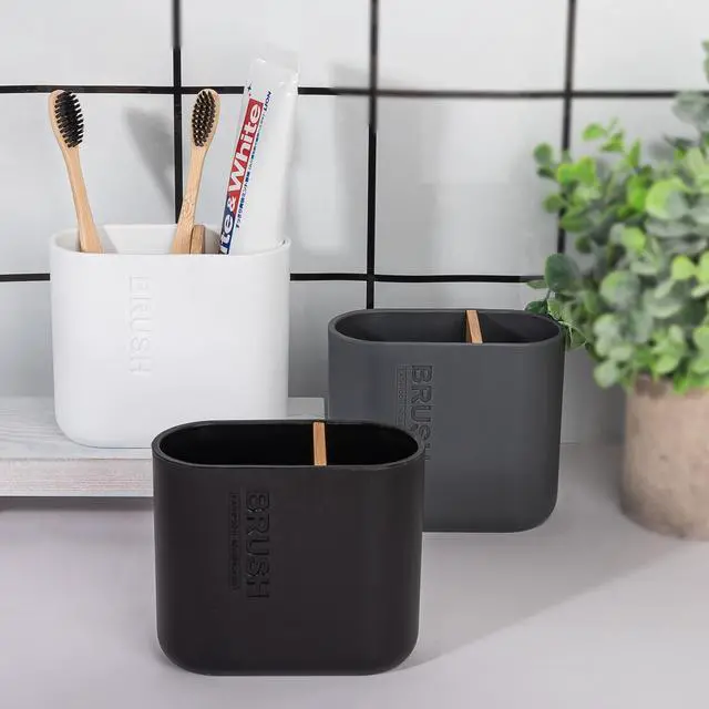 Alt view image 7 of 7 - Toothbrush Holders Bamboo Electric Toothbrush Holder Bathroom Storage Organizer Countertop for Toothpaste, Floss, Razor, White