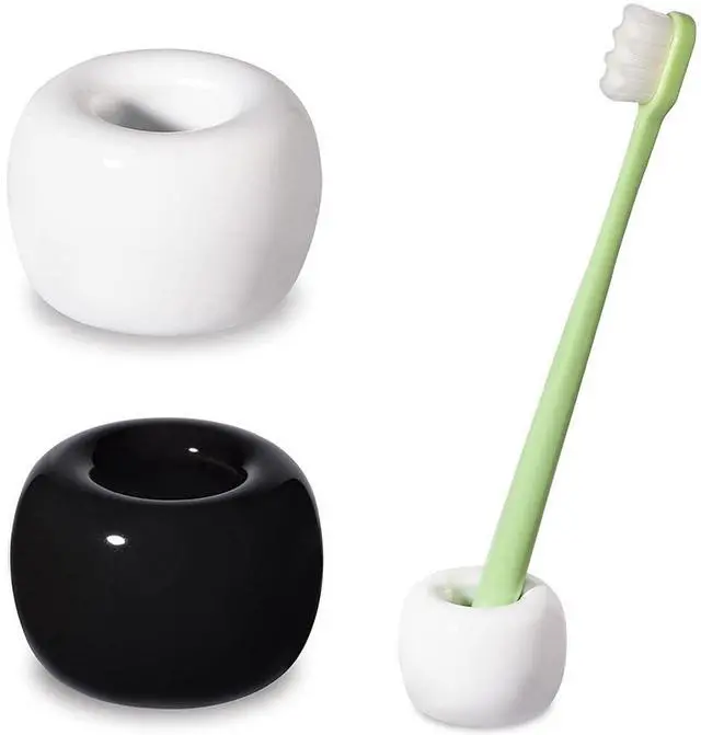 Main image of Mini Ceramics Toothbrush Holder Stand for Bathroom Vanity Countertop, Handmade Couple Toothbrush Head Holder, Shaver Holder and Office Pen Holder, Black&White, Pack of 2