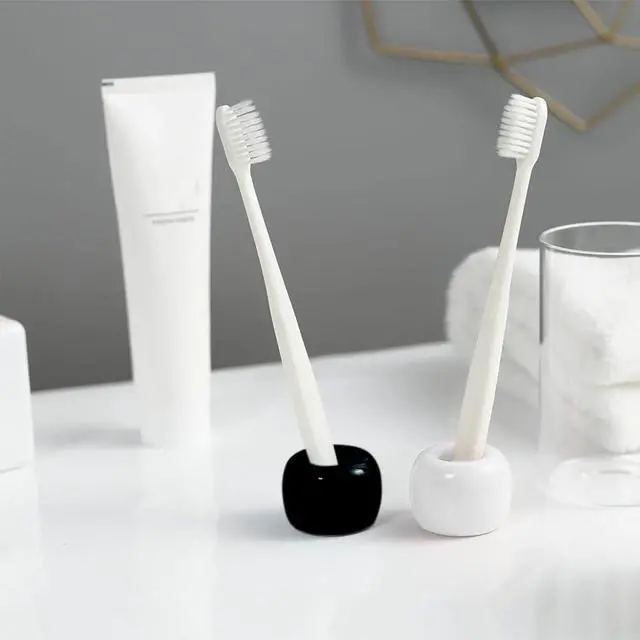 Alt view image 3 of 7 - Mini Ceramics Toothbrush Holder Stand for Bathroom Vanity Countertop, Handmade Couple Toothbrush Head Holder, Shaver Holder and Office Pen Holder, Black&White, Pack of 2